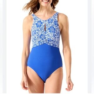 Tommy Bahama Island Cays Hibiscus One-Piece Swimsuit Beaming Blue Sz 14 Like New